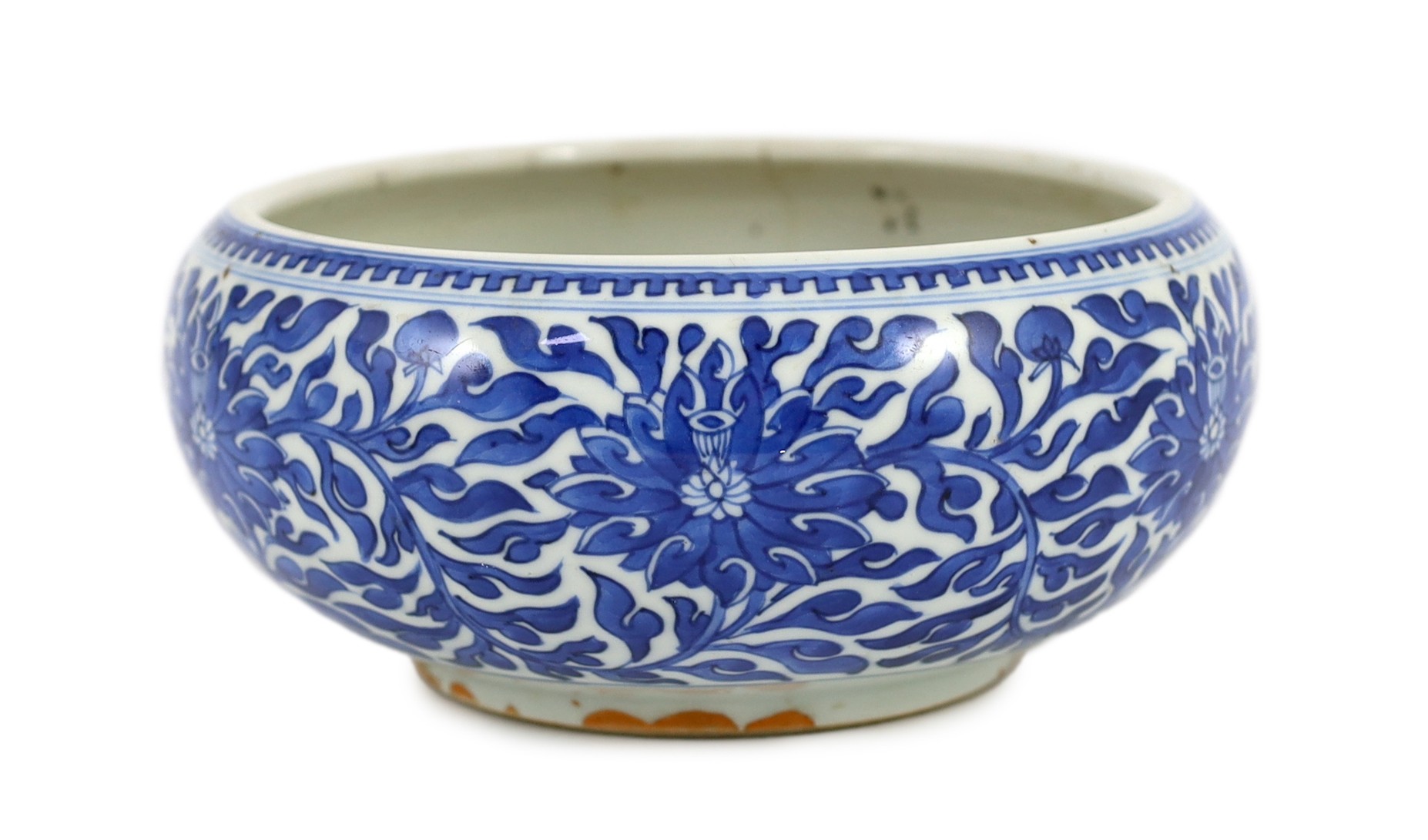 A Chinese blue and white ‘alms’ bowl or censer, cyclical date for the 56th year of the reign of Kangxi corresponding to 1717 and of the period, 21cm diameter 9cm high, two hairline cracks